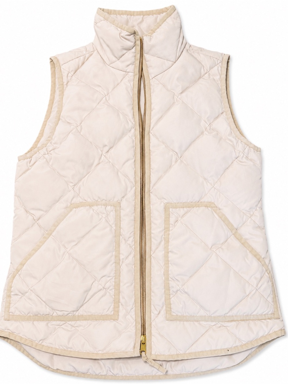 J.Crew Excursion Quilted Down Vest XXS Ivory Cream Gold Zip Preppy